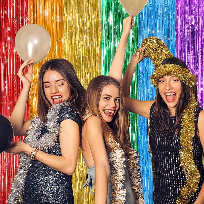 2Pack Rainbow Foil Fringe Curtains Backdrop Decorations, Rainbow Metallic Tinsel Foil Streamers Curtain Photo Booth Background for Birthday Wedding Engagement Bridal Shower Unicorn Party Decorations