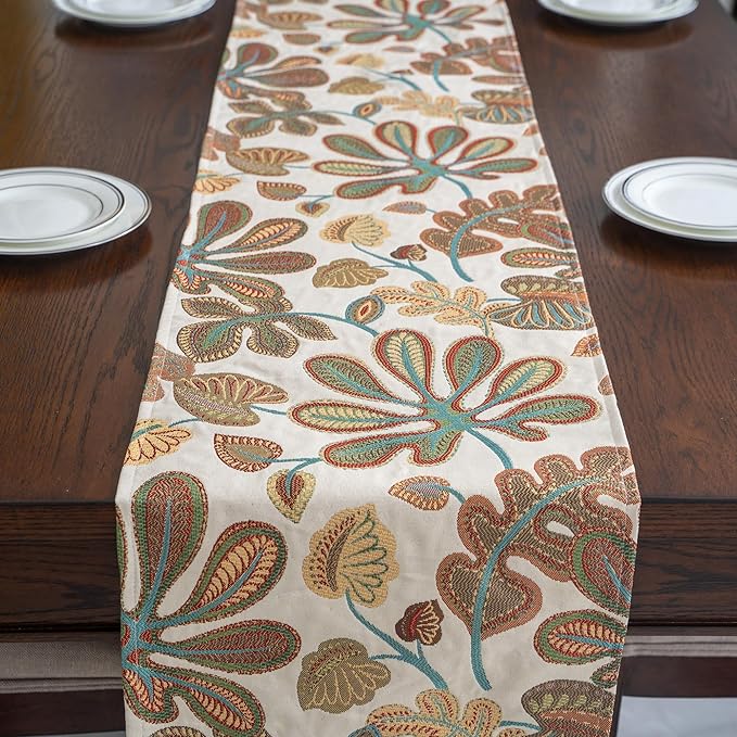 Mika Home Tropical Leaf Table Runner for Home Decor 13X72 Inches Teal Brown Seasonal Dining Table Decoration for Home