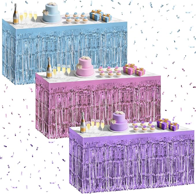 3 Pack Light Pink & Blue & Purple Table Skirts, 29x108" Metallic Foil Tinsel Fringe Table Skirt for Rectangle Tables Streamer Curtains Backdrop, Party Decorations for Birthdays, Weddings, Holidays