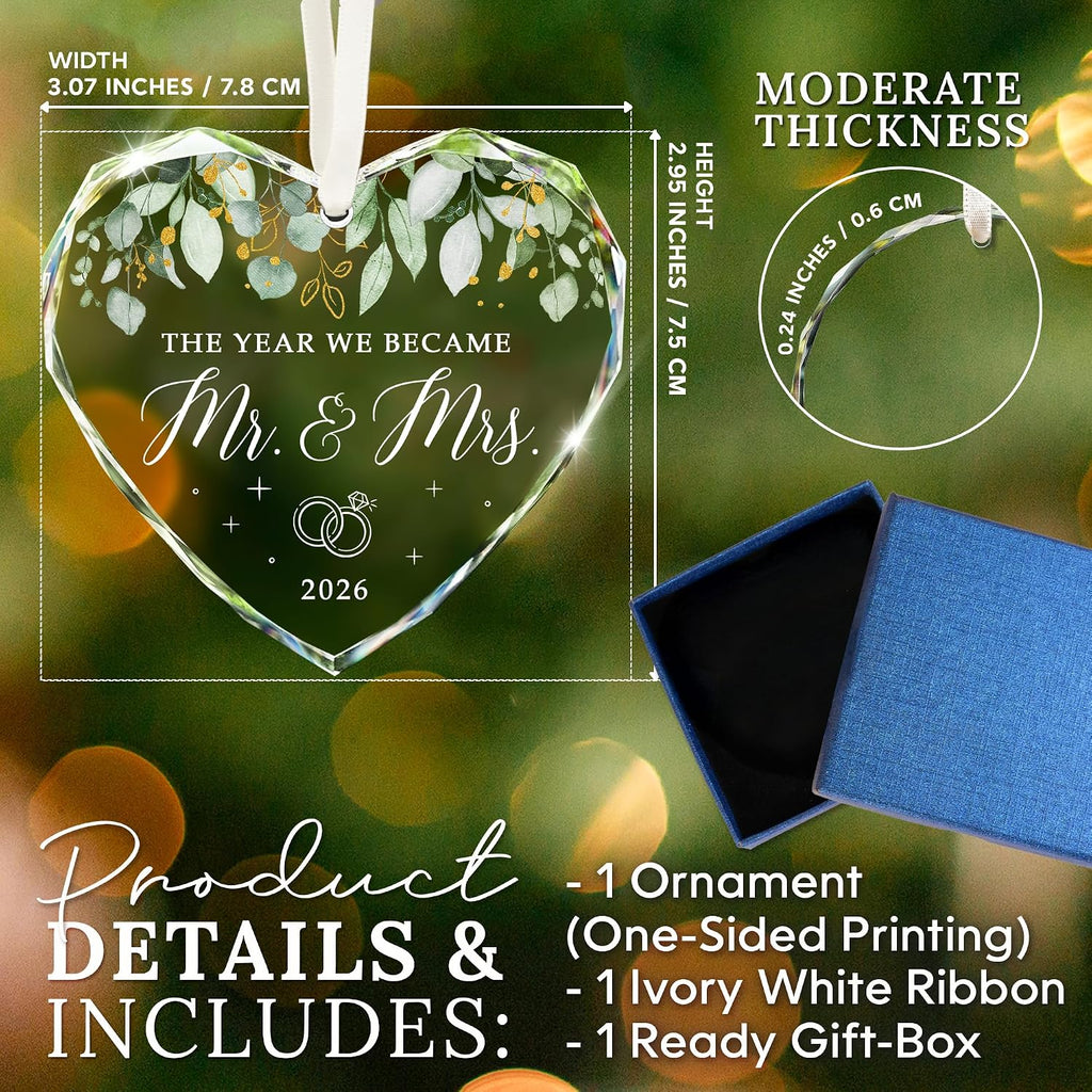HEXMOZ Wedding Gifts for Couples 2026 - Bridal Shower Gifts, Bride Gift | Mr and Mrs Gift for Newlywed, Future Mr Mrs - Just Married Party Decoration Christmas Glass Ornament - Wedding Registry Ideas