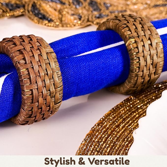 Decorative Cane Napkin Rings Set of 12 - Hand Woven Napkin Holders for Farmhouse, Rustic, Holiday, Wedding, Easter, Thanksgiving, Xmas, Boho & Fall Table Décor (Walnut) - CLEENTABLE