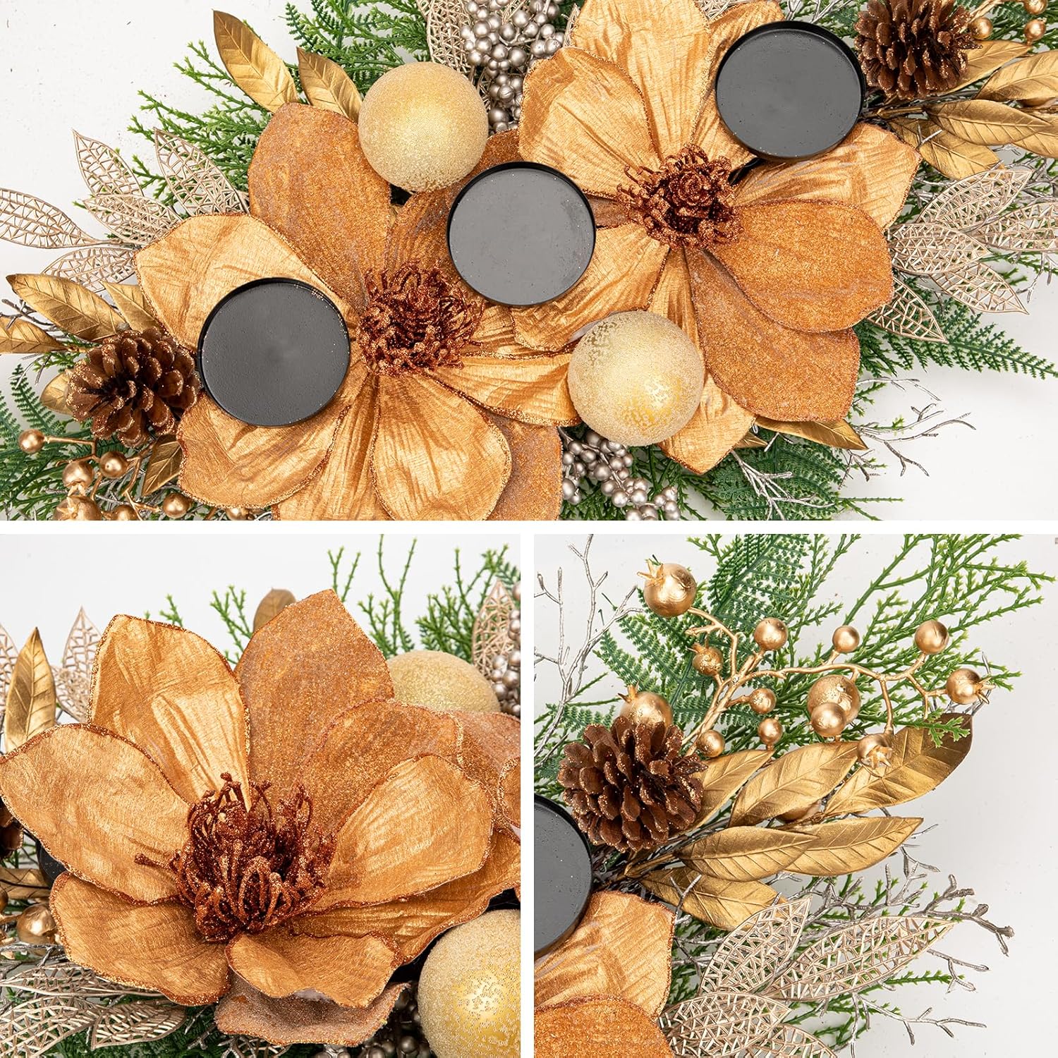 35" Champagne Christmas Centerpiece with Candle Holders, Magnolias Gold Christmas Balls Berries Leaves Branches Pine Cones Pine Needles for Xmas Table Decor, Holiday Candelabrum for Mantel Decorations