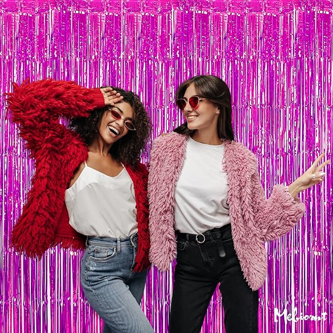 4 Pack Fuchsia Fringe Curtain Backdrop, 3.2Ft x 6.6Ft Metallic Tinsel Foil Fringe Streamers Curtains Background for Photo Booth Birthday Wedding Baby Shower Party Thanksgiving Christmas Decorations