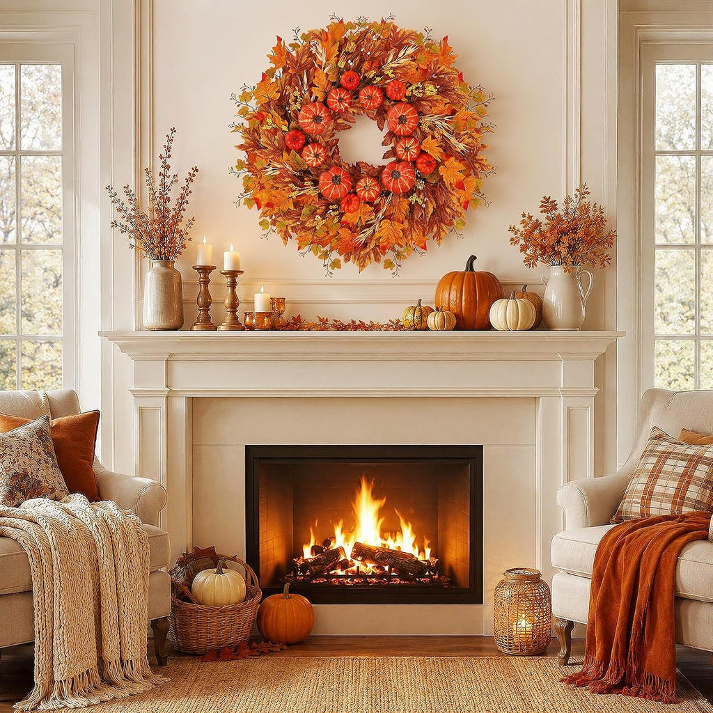 28 inch fall wreath for front door, pumpkins, package contents