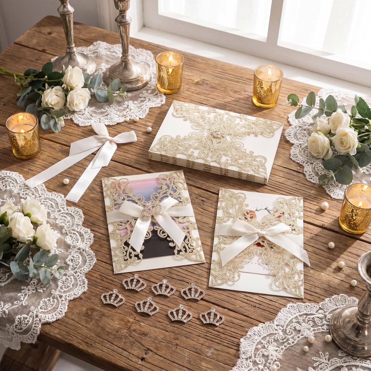 Affrolling 50 Set 5x7 Inch Wedding Invitation Sleeves Quinceanera Invitations Gold Laser Cut Invitation Sleeves with Mini Crowns and Butterfly Ribbons for Sweet 16 Birthday Invitations Girl