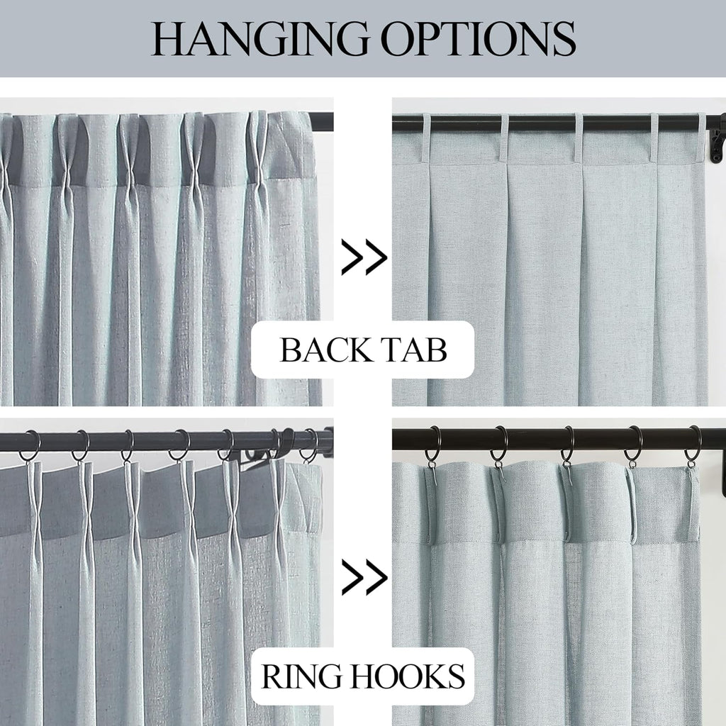 vision home blue grey linen pinch pleated semi, close-up detail