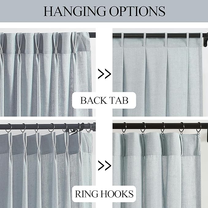 Vision Home Blue Fog Pinch Pleated Semi Sheer Curtains Textured Linen Blended Light Filtering Window Curtains 102 inch for Living Room Bedroom Patio Pinch Pleat Drapes with Hooks 1 Panel 60" Wx102 L