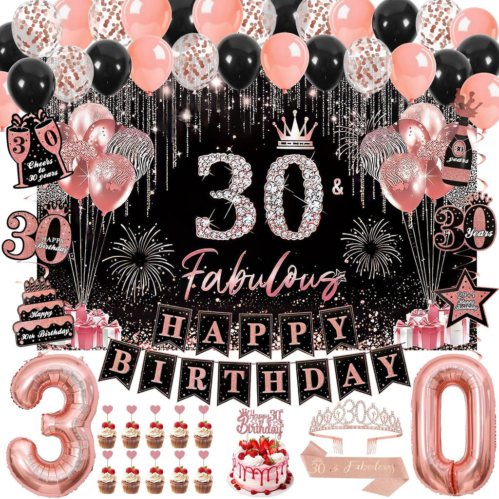 30th Birthday Decorations for Women, 50pcs Rose Gold Black 30th Birthday Decorations for Her with Banner Crown Sash Backdrop Cake Topper Balloons Hanging Swirl for 30 Years Old Birthday Party Supplies