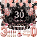 30th Birthday Decorations for Women, 50pcs Rose Gold Black 30th Birthday Decorations for Her with Banner Crown Sash Backdrop Cake Topper Balloons Hanging Swirl for 30 Years Old Birthday Party Supplies