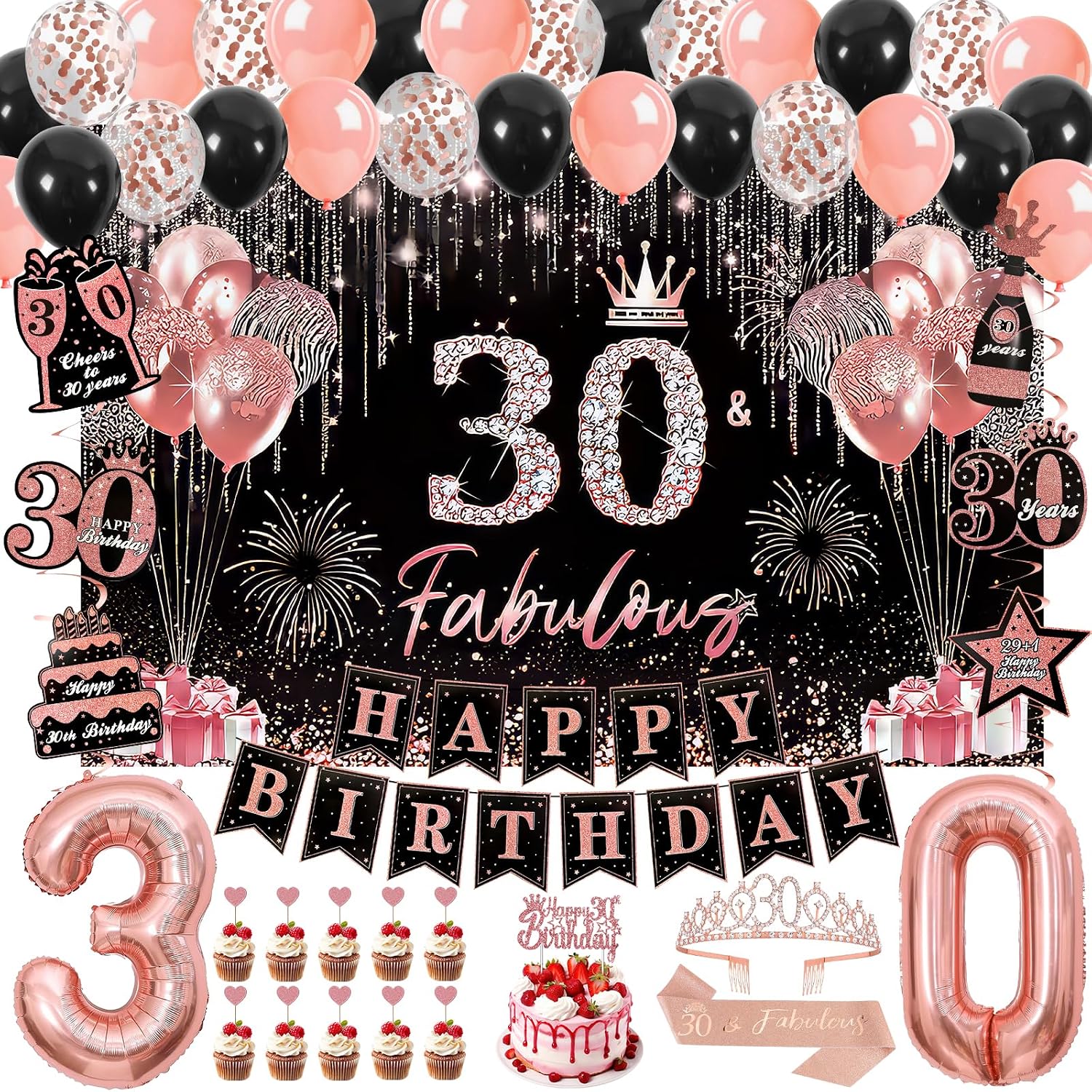 30th Birthday Decorations for Women, 50pcs Rose Gold Black 30th Birthday Decorations for Her with Banner Crown Sash Backdrop Cake Topper Balloons Hanging Swirl for 30 Years Old Birthday Party Supplies