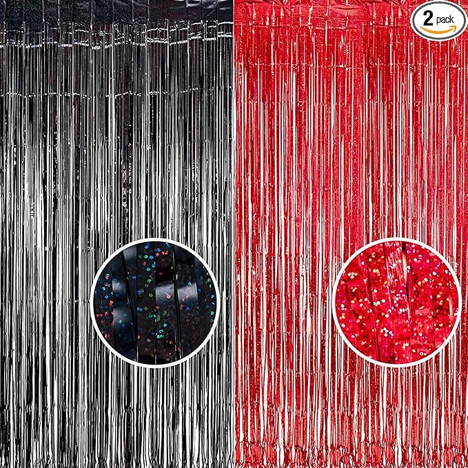 Foil Fringe Curtain Party Decorations - Black Red Metallic Tinsel Backdrop Party Steamers Curtains for Birthdays Halloweens Christmas Theme Prom Holidays Parties Decorations