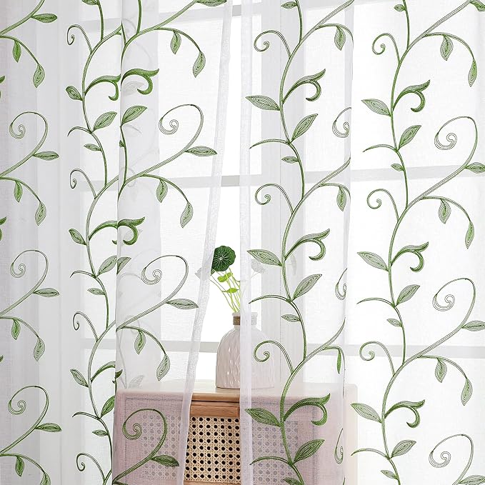 VISIONTEX Embroidered Green Sheer Voile Curtains, Leaves Embroidery Faux Linen Rod Pocket Window Drapes for Living Room and Girls Bedroom 54 x 108 Inch, Set of 2 Curtain Panels