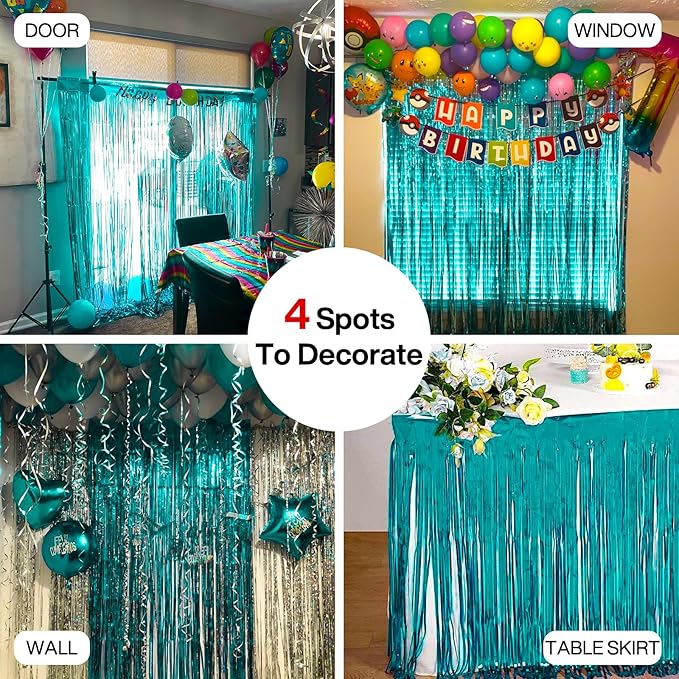 PartyWoo Foil Curtain 2 pcs, 3.3x6.6 ft Metallic Peacock Blue Tinsel Curtains, Backdrop Curtain, Foil Fringe Curtains, String Curtain, Birthday Decorations, Party Backdrop, Wedding Backdrop