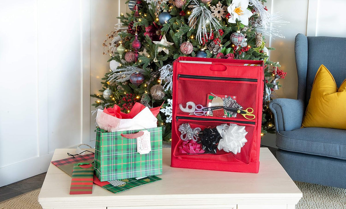 gift bags with tissue paper storage box, zippered, front angle view