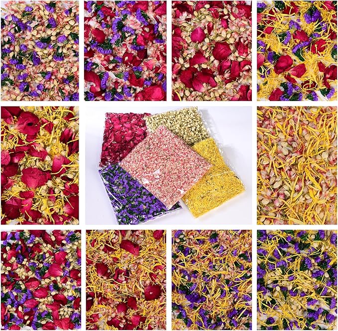 40+ Cups 9.3oz Real Biodegradable Flower Petal Wedding Confetti, 5 QT 5 Kinds Colorful Mixed Petal Confetti with Dried Rose Petal & Jasmine Buds, DIY Wedding Decor for Flower Girl Bridal