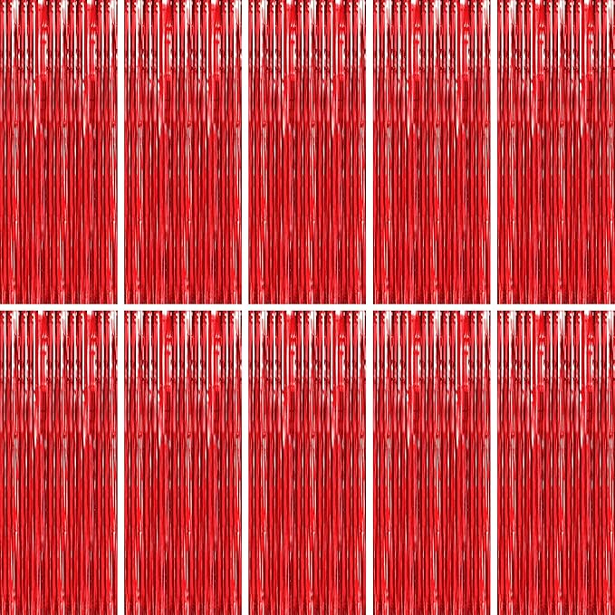 BTSD-home 10 Pack Red Foil Fringe Curtain, Metallic Photo Booth Backdrop Tinsel Door Curtains for Wedding Birthday Bridal Shower Valentine Bachelorette Christmas Party Decorations(8ft x 3ft)