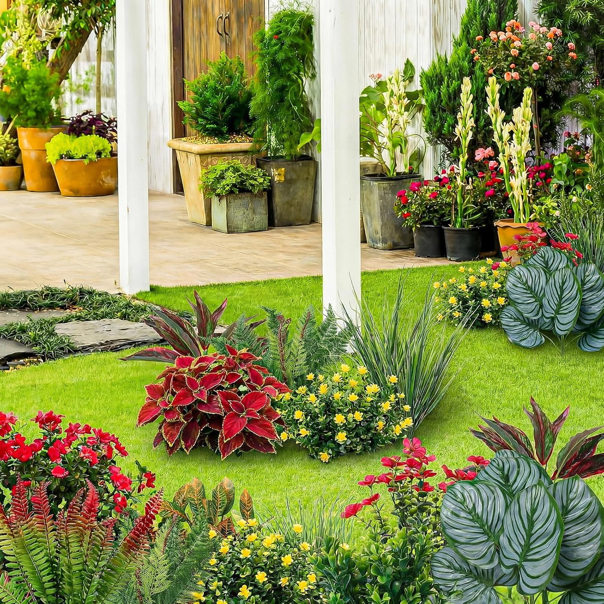 Suncalla 20 Pcs Artificial Plants Outdoor, Faux Tropical Plants Mixed Greener...