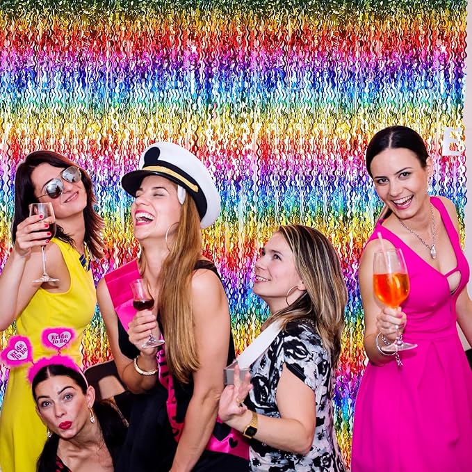 Jutom 6 Pieces 3.3 x 6.6 ft Wavy Tinsel Foil Fringe Curtains Foil Fringe Streamer Backdrop Party Curtain for Sea Mermaid Baby Shower Birthday Party Decoration (Rainbow)