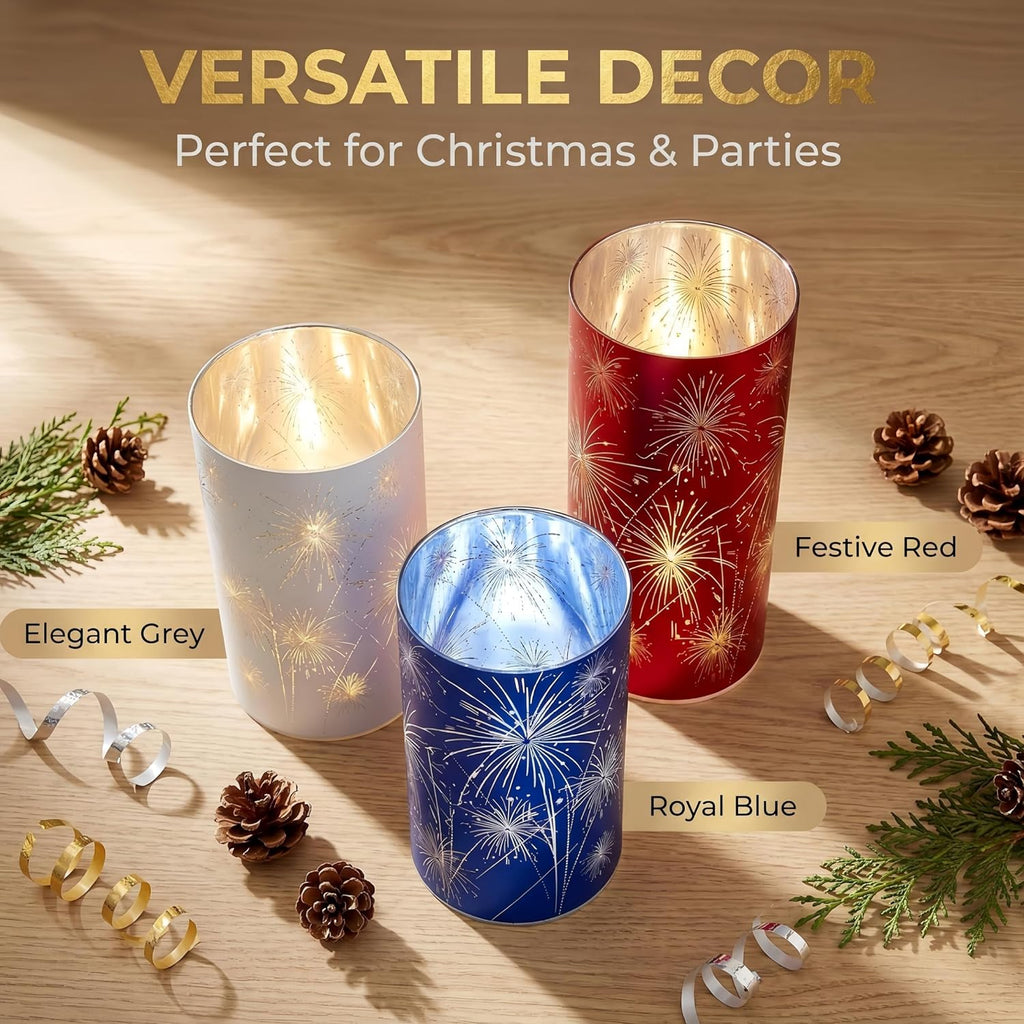 Set of 3 Red White and Blue Celebration Hurricane Firework Lanterns | 3D Etched Starburst Patriotic Led Candles Lights Hurricanes for Birthday Wedding Christmas Parties Chic Modern Home Decor