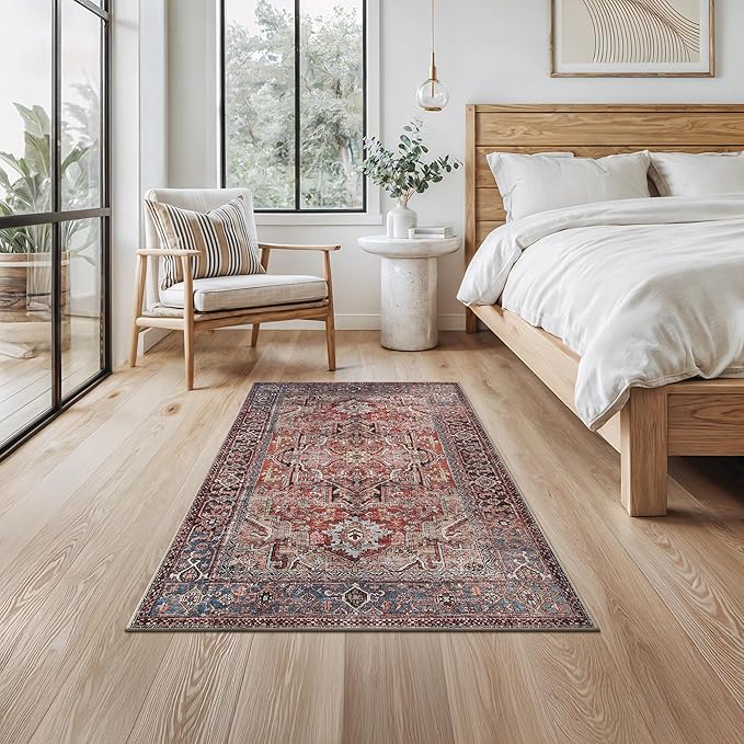 Bloom Rugs Washable Non-Slip 3' x 5' Rug - Terracotta/Blue Traditional Medallion Area Rug for Living Room, Bedroom, Dining Room, and Kitchen - Exact Size: 3' x 5'