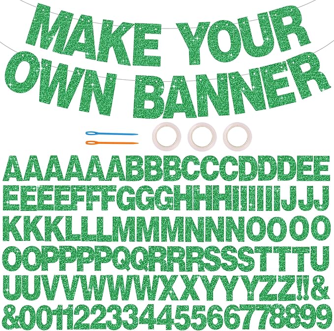 BEISHIDA 116 PCS A-Z Glitter Green DIY Letter Banner Kit Make Your Own Banner，Including 111 Letters and Numbers 3 Rope and 2 Threading Device,Customized for Birthday Graduation Wedding Party Decor