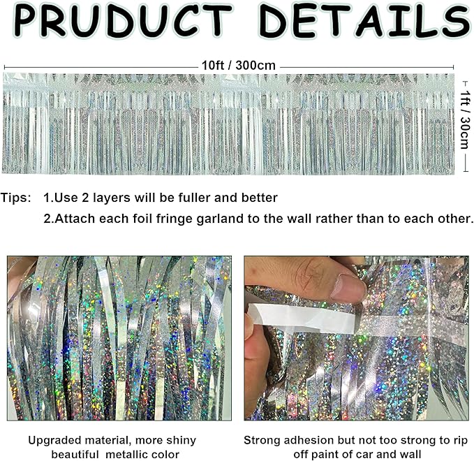 4 Pack Each 10 Feet Glitter Silver Parade Float Decorations for Trailer Car, Glitter Foil Fringe Metallic Tinsel Streamers Banner Garland for Graduation Weeding Homecoming Birthday(Glitter-Silver)