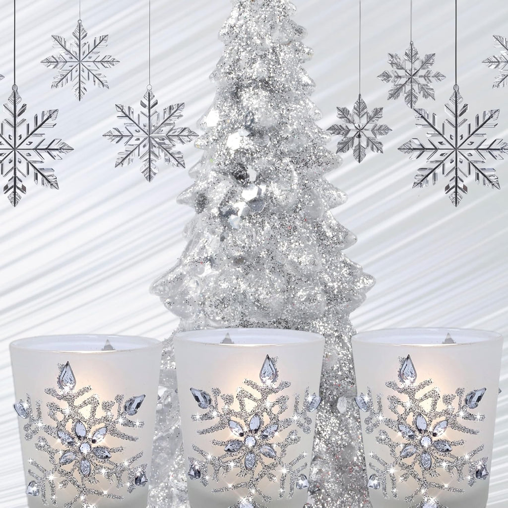 Snowflake Candle Holders with LED Candles, Set of 3 – Lighted Frosted Glass Votive Holders with Glitter Snowflakes and Jewel Accents – Christmas Table, Mantel and Holiday Decor – 2.75 Inch