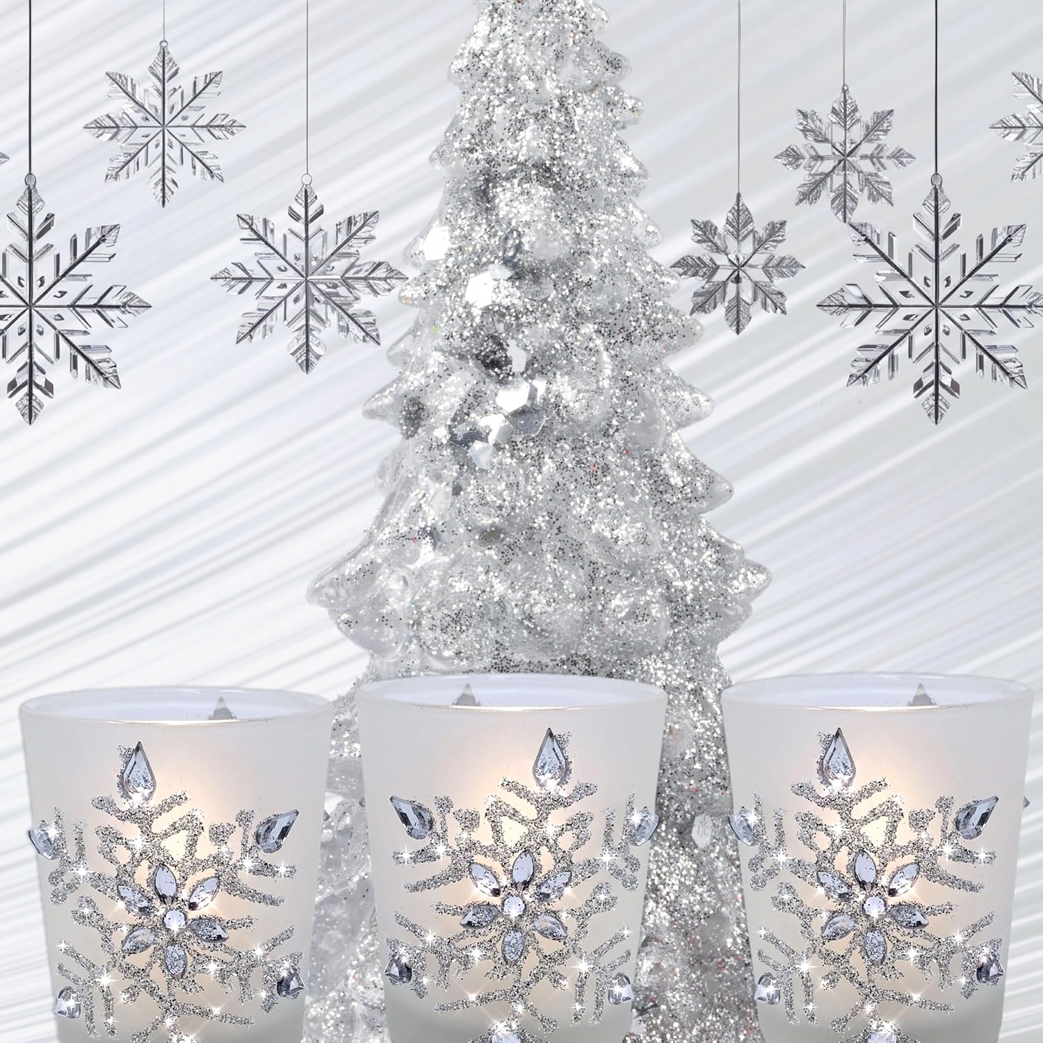 Snowflake Candle Holders with LED Candles, Set of 3 – Lighted Frosted Glass Votive Holders with Glitter Snowflakes and Jewel Accents – Christmas Table, Mantel and Holiday Decor – 2.75 Inch