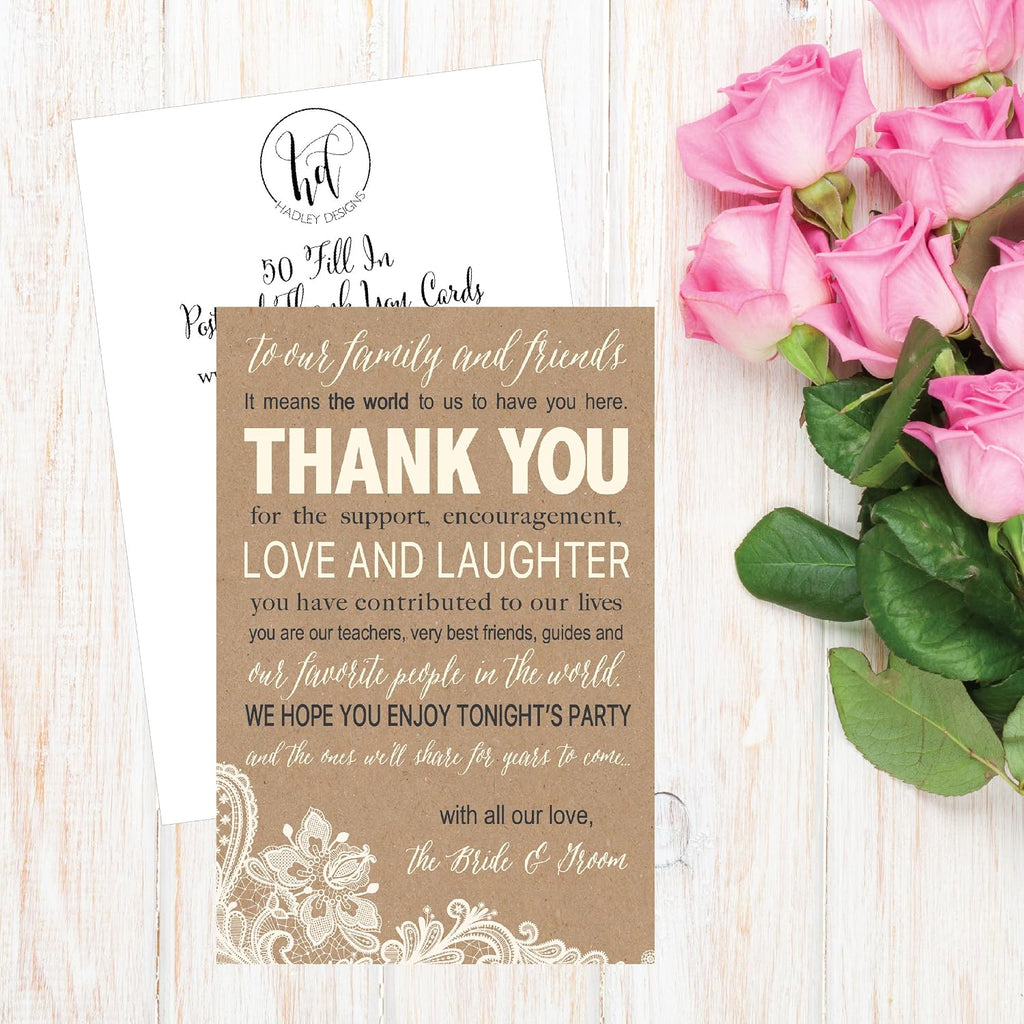 Hadley Designs 50 Wedding Kraft Thank You Place Cards, Favors For Family & Guests
