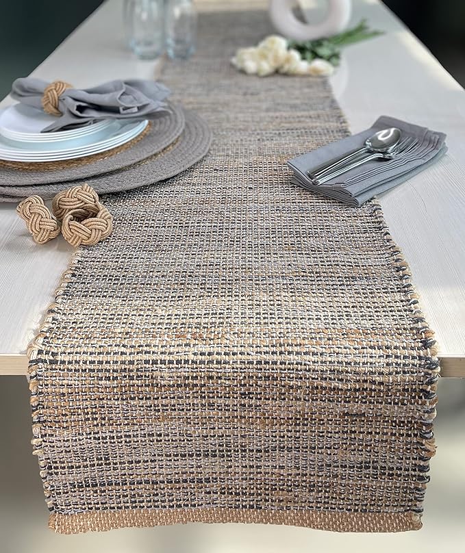 Chardin home Natural Jute Table Runner 13x108 Inch – Vintage Boho Rustic Table Decor – Handwoven Long Table Runner in Natural Jute and Grey – Farmhouse Dining or Console Table Accent