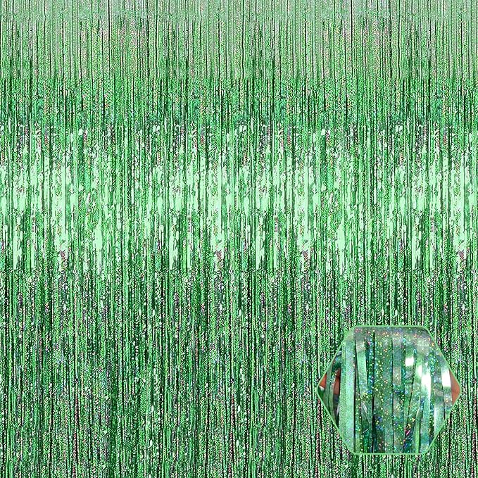 6 Pack Light Green Foil Fringe Curtain Backdrop, 3.28Ft x 8.2Ft Metallic Tinsel Foil Fringe Streamer Curtains for Photo Booth, Valentine's Day, Christmas Day, New Year, Wedding Party Decorations
