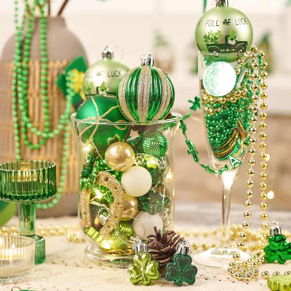 Valery Madelyn St Patricks Day Decorations Shamrock Tree Ornament,30pcs Hanging Ball Ornament Gnome Decor for Irish Festival, Good Luck Clover Emerald Green Gold Christmas Ball for Party Home Spring