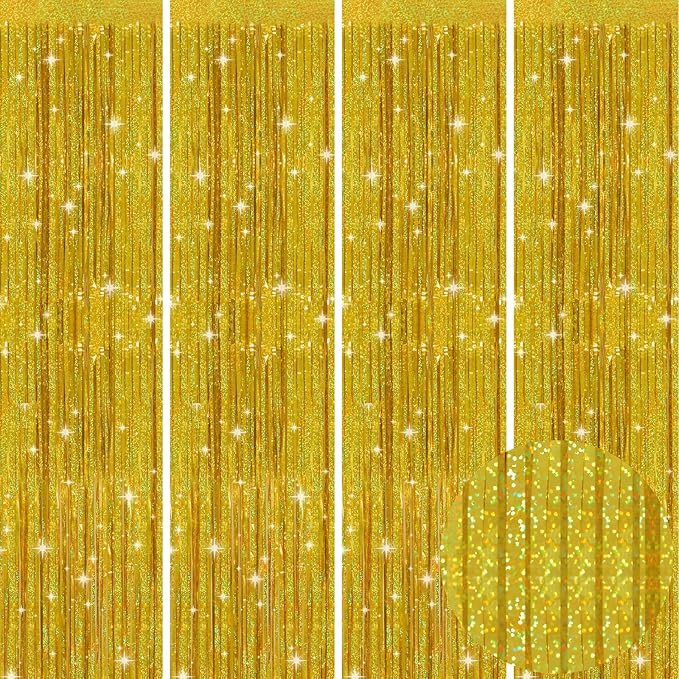 Picoway 4 Pack Gold Foil Fringe Tinsel Backdrop Curtains, Birthday Engagement Bachelorette Party Decorations, Photo Booth Props Door Streamers Curtain