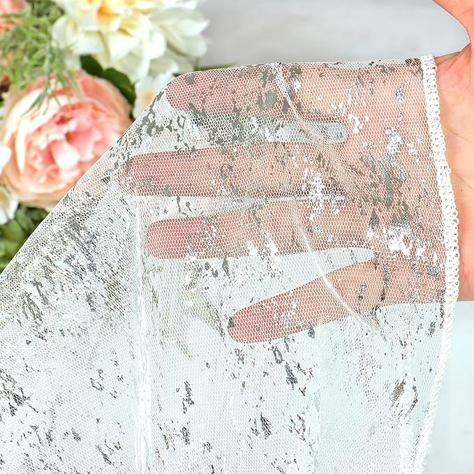 LOMOHOO 10 Ft Silver Table Runner, Silver Sheer Sequin Table Runners 120 Inches Long Glitter Metallic Foil Lace Fabric Table Decor for Birthday Party Wedding Anniversary Centerpiece (2pcs)
