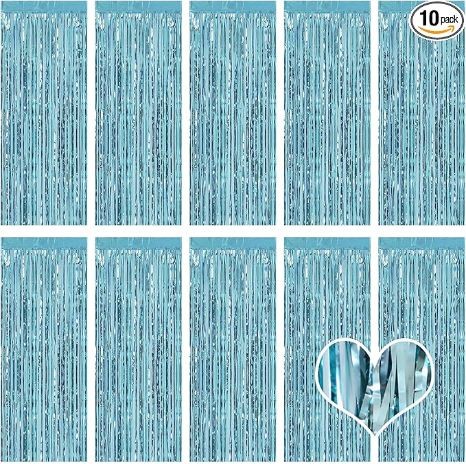 10 Pack Blue Backdrop Curtain 3.2ft x 8.2ft Metallic Tinsel Foil Fringe Curtains Photo Booth Background for Birthday Party Decoration Baby Shower Engagement Wedding Christmas Decoration (Blue)