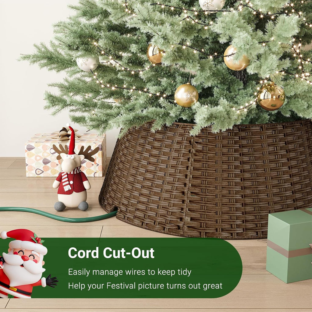 ELYKEN Wicker Christmas Tree Collar for 7.5 ft Trees, 28 Inch Woven Xmas Tree Skirt, Stylish Rustic Farmhouse Basket for Tree Base Cover with Cord Cut-Out for Pencil Tree, Brown