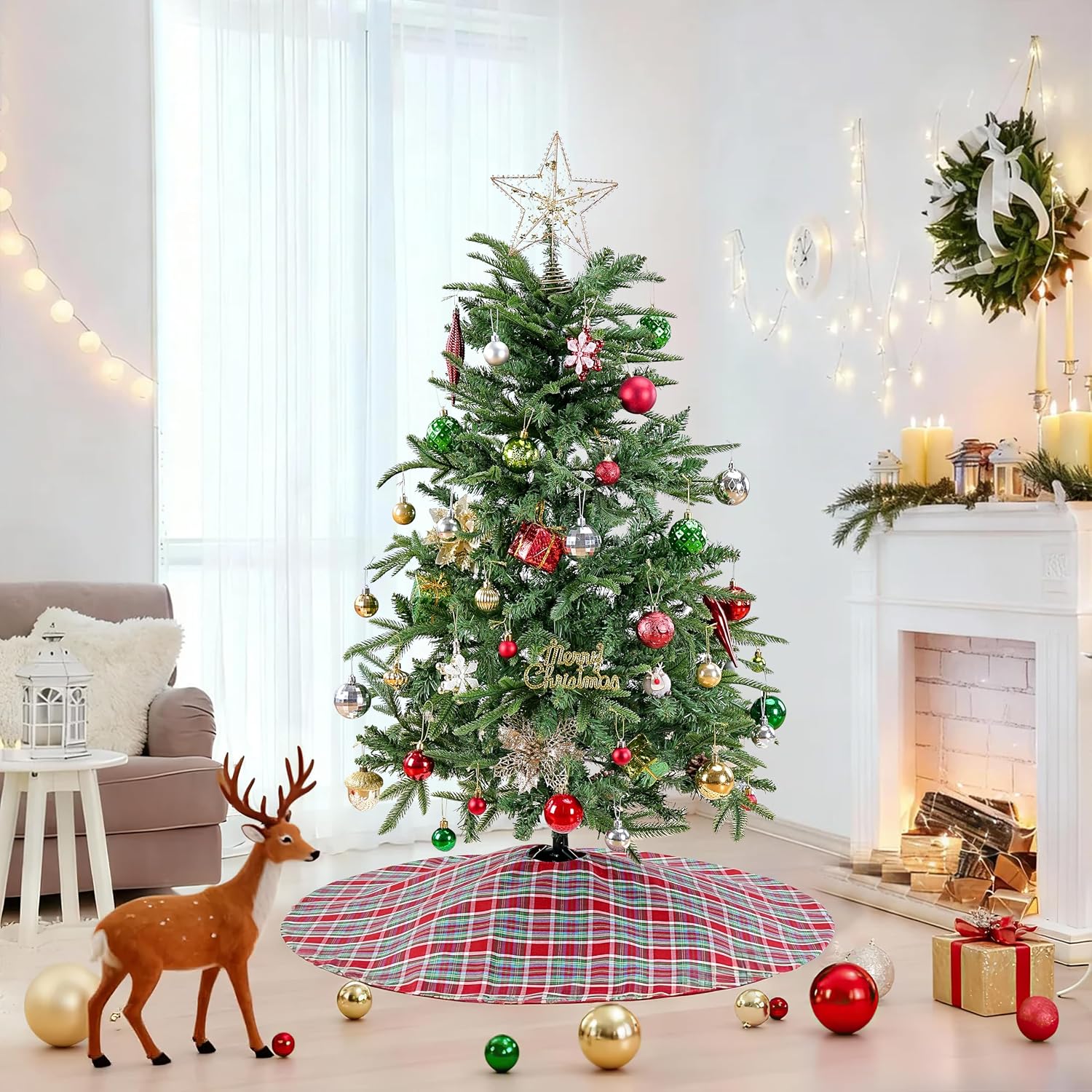 36 Inches Christmas Plaid Tree Skirt - Red Blue Green Buffalo Checked Tree Skirts Mat for Small Tree Xmas Home Holiday New Years Party Decoration
