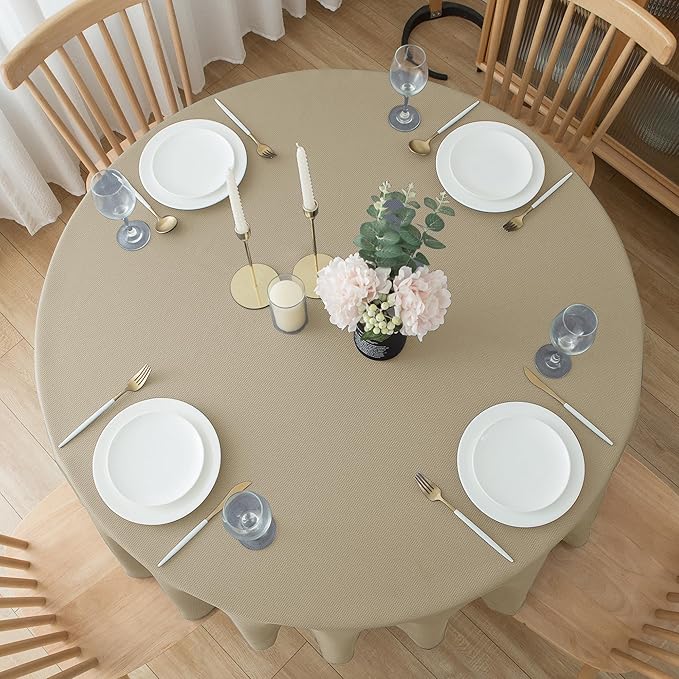 Biscaynebay 2 Pack Textured Fabric Round Tablecloths 60'' for Tables diameters from 28" to 48", Natural Table Cloth Water Resistant Small Folding Table Covers for Dining Kitchen Wedding Parties