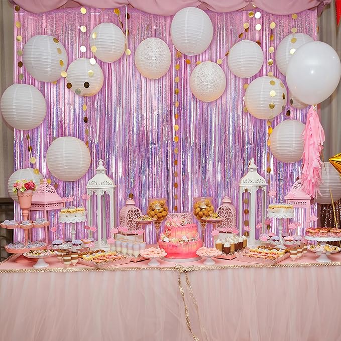 Crosize 2 Pack 3.3 x 9.9 ft Laser Pink Foil Fringe Backdrop Curtain, Streamer Backdrop Curtains, Streamers Birthday Party Decorations, Tinsel Curtain for Parties, Galentines Decor, Preppy, Photo Booth