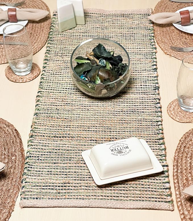 Chardin home Natural Jute Table Runner 13x48 Inch – Vintage Boho Rustic Table Decor – Handwoven Table Runner in Natural Jute and Green – Farmhouse Dining or Console Table Accent