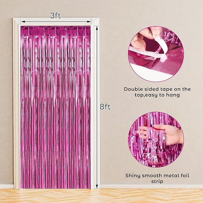 BTSD-home 4 Pack Pink Fringe Curtain, Metallic Photo Booth Backdrop Tinsel Door Curtains for Wedding Birthday Bridal Shower Baby Shower Bachelorette Christmas Party Decorations(8ft x 3ft)