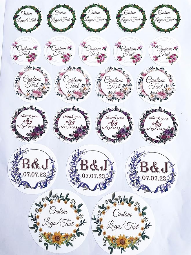 Personalized Custom Stickers Labels for Wedding Favors Birthday, Business Logo Customized Sticker.Waterproof, Fade & Heat Resistant and Cold Resistant. Pack of 100 to 1000. (Wreath 3, 6.5 Inch)