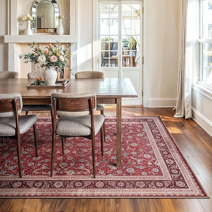 Bloom Rugs Washable Non-Slip 8' x 10' Rug - Red/Beige Traditional Bordered Area Rug for Living Room, Bedroom, Dining Room, and Kitchen - Exact Size: 8' x 10'