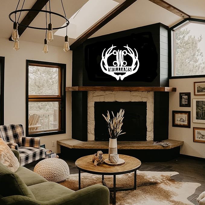 PK Décor Deer Antler Decor Family Last Name ACM Metal Sign For Man Cave, Couple Antler Initials, Last Minute Gift Idea for Him, Black, White, Silver, Gold