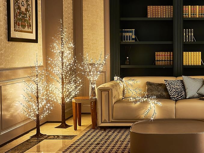Hairui Lighted Willow Branches Silver Glittered 32IN 120 LED Fairy Lights with Timer, Twig Branch with Lights Battery Operated or USB Plug in for Home Fireplace Room Christmas Holiday Decoration