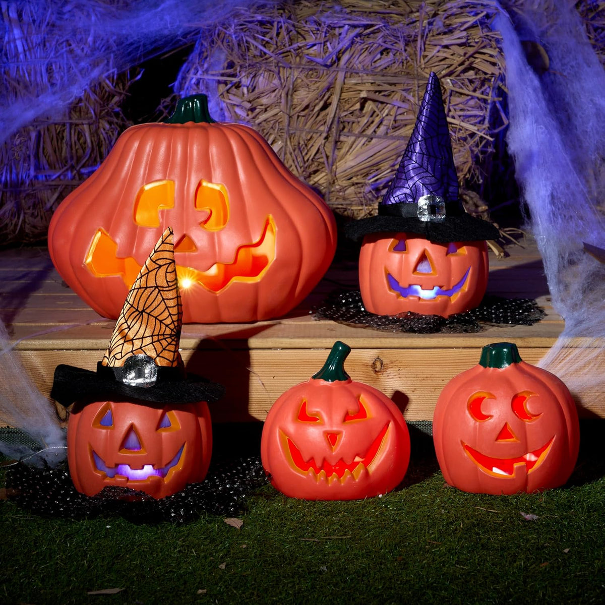 JOYIN 5 Pcs Light Up Halloween Pumpkin Decorations Jack O Lantern Decor, Plas...