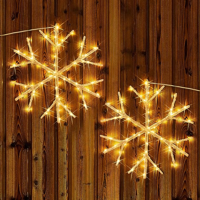 Fudios Lighted Snowflake LED Warm White Battery Operated with Timer 70L Fairy Lights 14in for Christmas Wall Window Winter Decoration Indoor Outdoor use