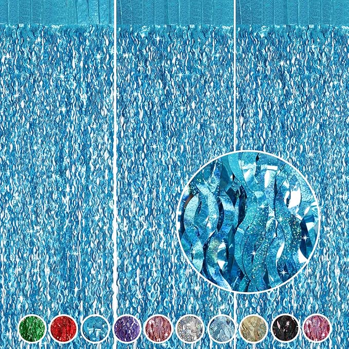 3 Pack 3.3 ft x 6.6 ft Teal Foil Fringe Curtains - Sparkle Metallic Curtains Party Decorations Photo Booth Decorations Party Supplier