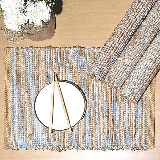 Chardin Home Natural Jute & Sky Blue-White Placemats, Set of 4 – Rustic Handmade Boho Table Mats, 13x19 in Dining Table Placemats - Kitchen, Everyday Meals, Holidays, Farmhouse or Modern Table Décor