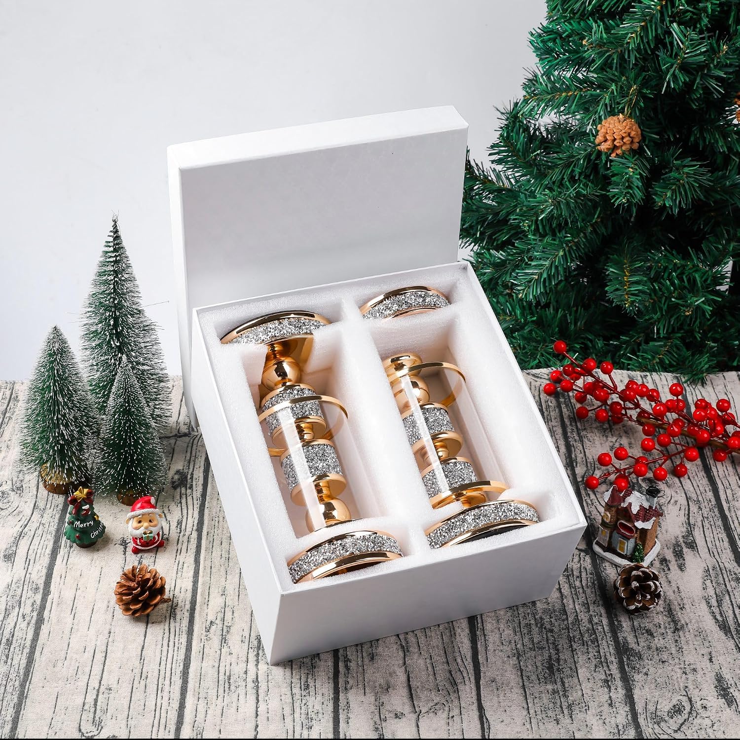 Hurricane Candle Holder, 13.5" Tall Metal Candle Stand, Glass Pillar Candle Holders, Crystal Gold Decorative Centerpieces for Table, Wedding and Dining Room (Fits Candles up to 3"x5", 2pcs, M)